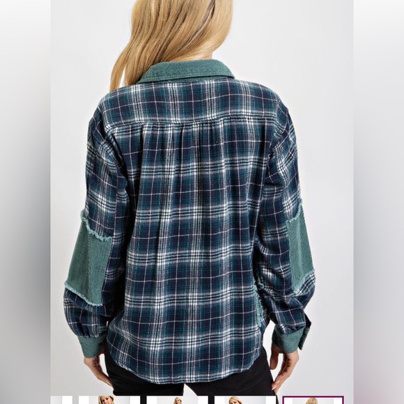 Easel Green Plaid Printed Contrast Corduroy Button Down Loose Fit Shirt Size L - Picture 3 of 4
